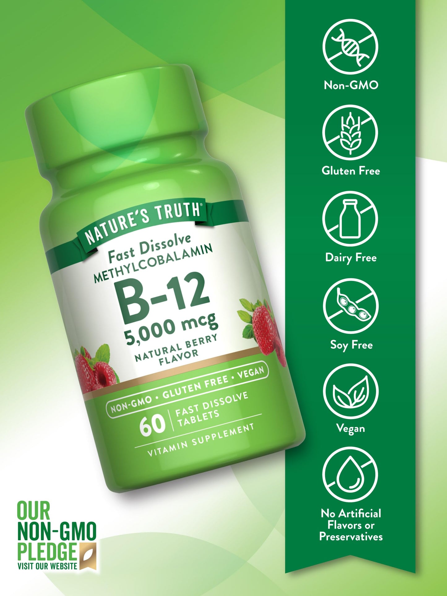Nature's Truth B12 Vitamin 5000 mcg - 60 Tablets - Fast Dissolve Berry Flavor - Vegan, Non-GMO & Gluten-Free