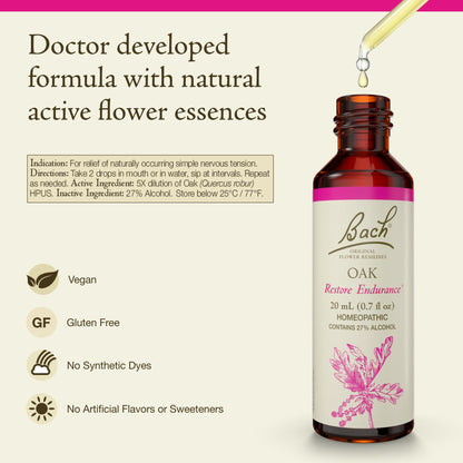 Bach Oak Flower Remedy - Restore Endurance | Natural Homeopathic Emotional Balance (20mL) - Vegan, Gluten Free, Sugar Free