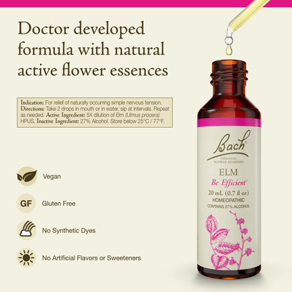 Elm - Be Efficient | Bach Original Flower Remedies for Emotional Balance (20mL Dropper)