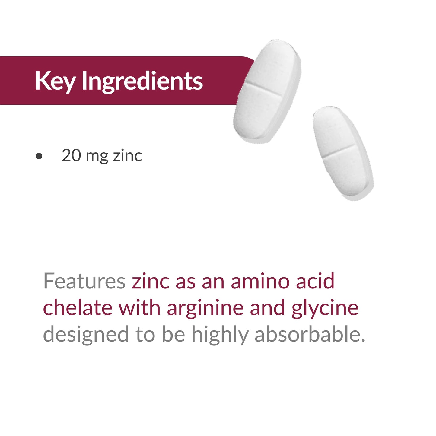Bariatric Advantage Zinc Chelate 20 mg – Non-Chewable Tablets (180)