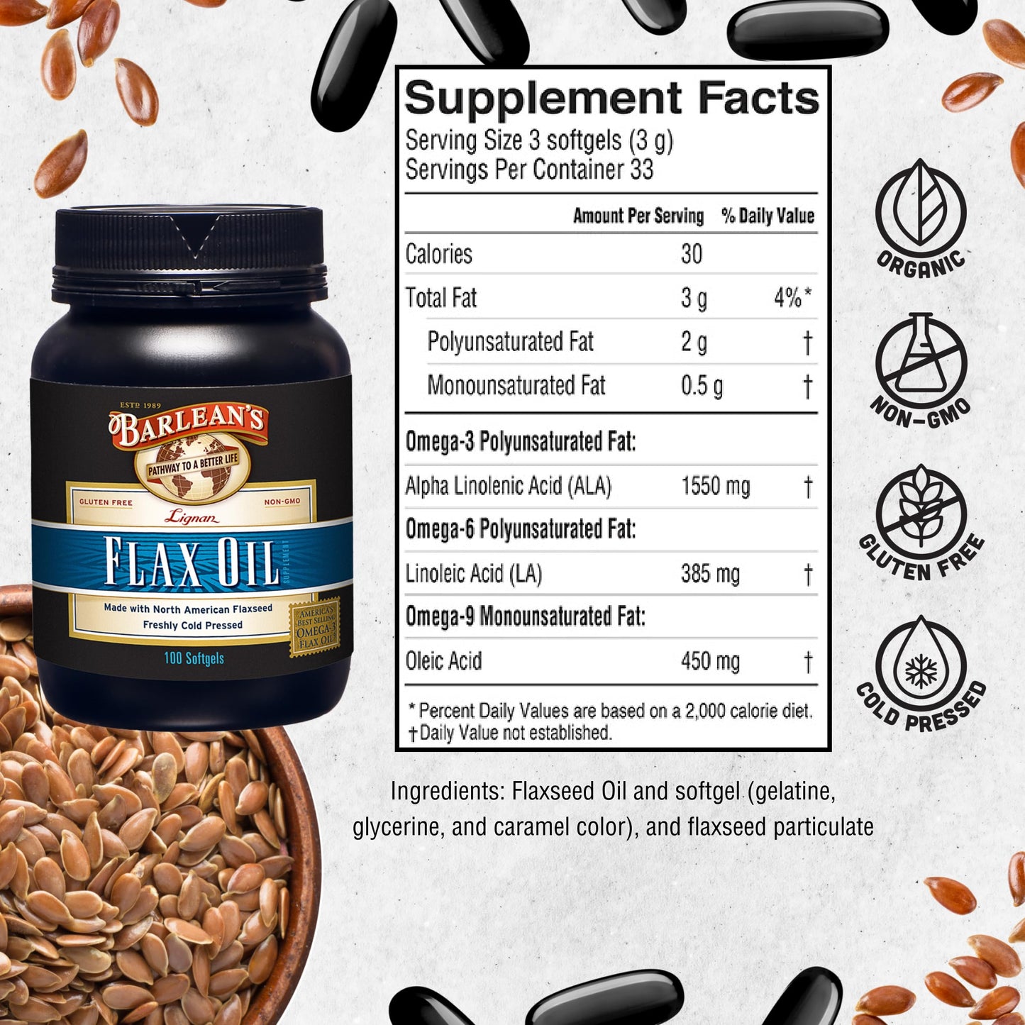 Barlean's Omega 3 6 9 Lignan Flaxseed Oil Softgels – 100 Count | Cold-Pressed, 1550 mg ALA