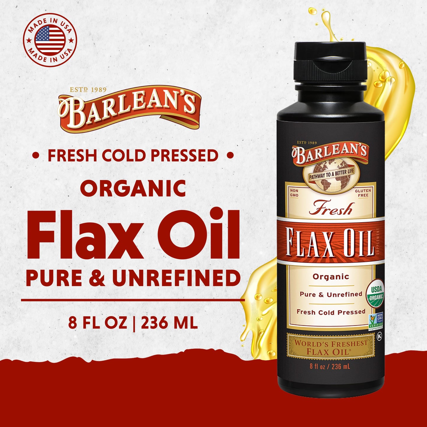 Barlean's Organic Flaxseed Oil - Cold-Pressed, 7,640 mg ALA Omega-3, 8 oz | Vegan & Gluten Free