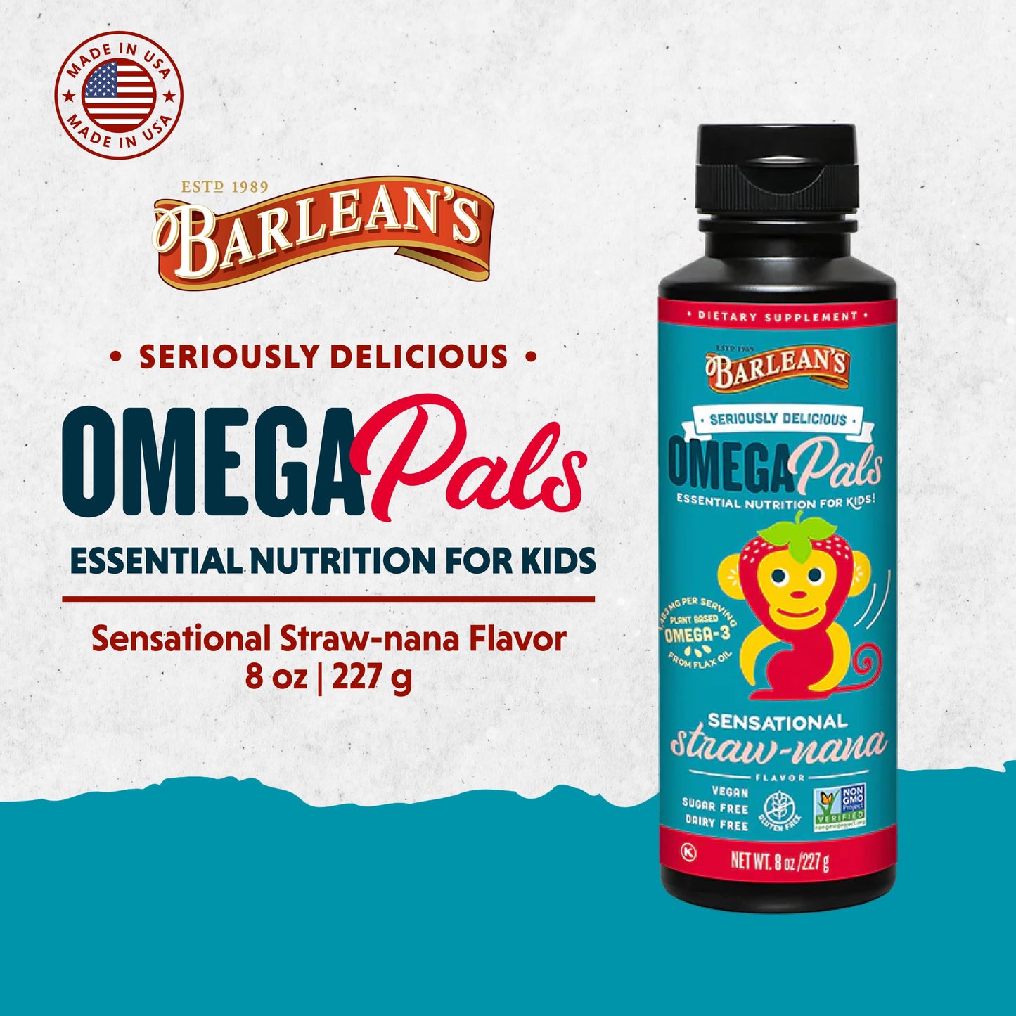 Barlean's Omega Pals Kids – Straw-Nana Flavored Omega-3 Flax Oil, 8 oz