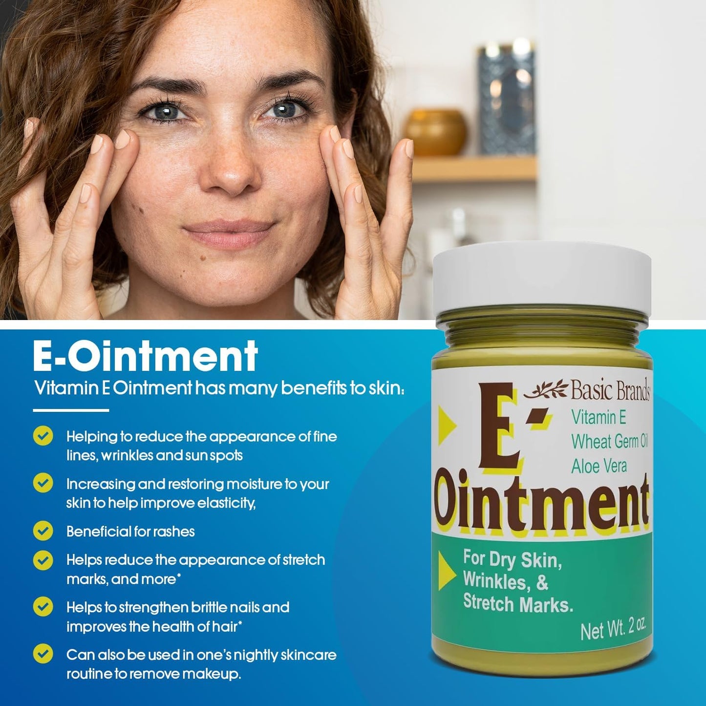 Basic Organics Vitamin E Ointment, 2 oz – Moisture Boost, Supports Scars & Fine Lines