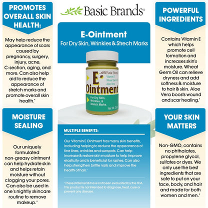 Basic Organics Vitamin E Ointment, 2 oz – Moisture Boost, Supports Scars & Fine Lines