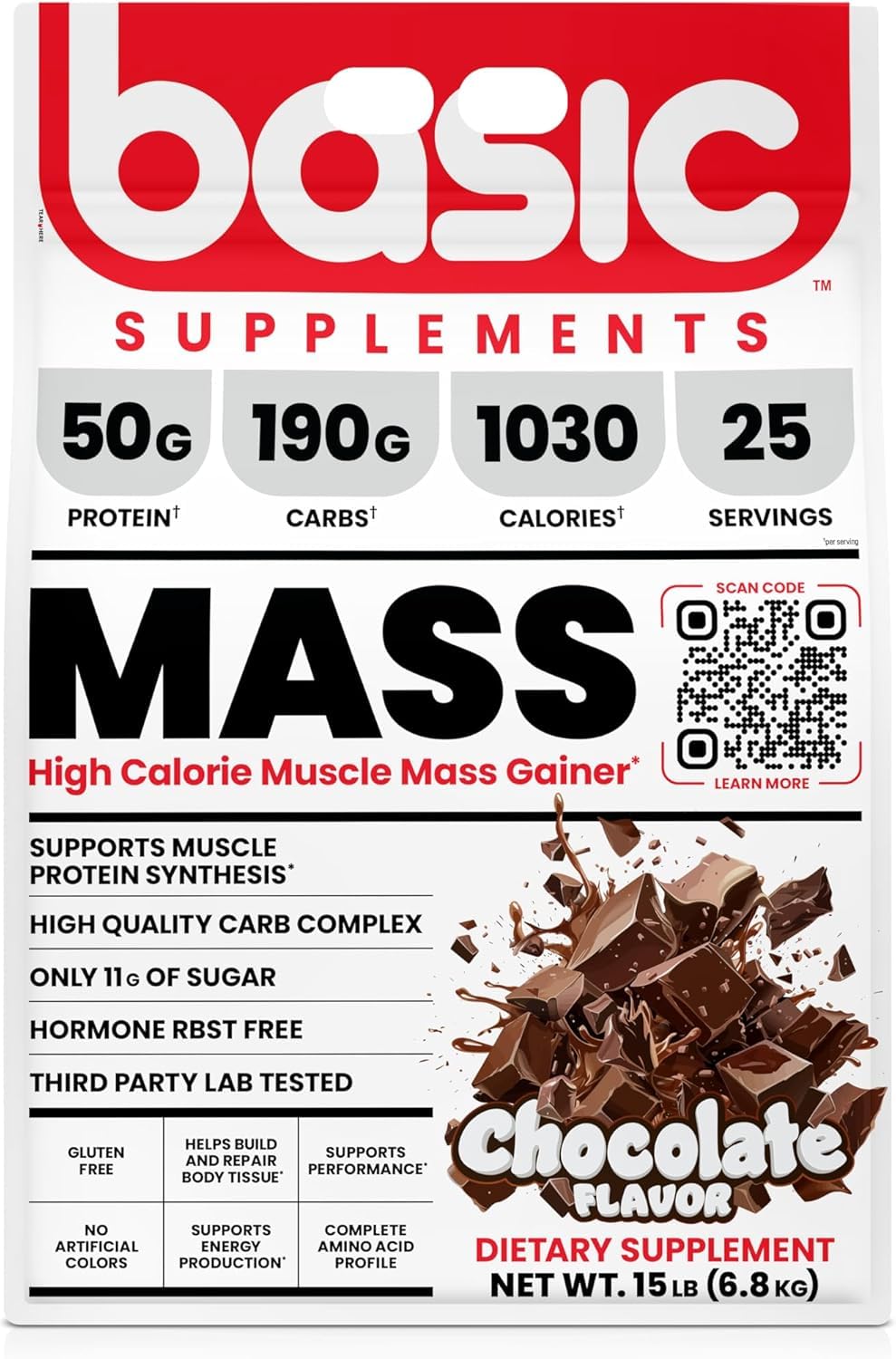 BASIC SUPPLEMENTS Mass Gainer Protein Powder – 50g Protein, 1030 Calories, Gluten-Free