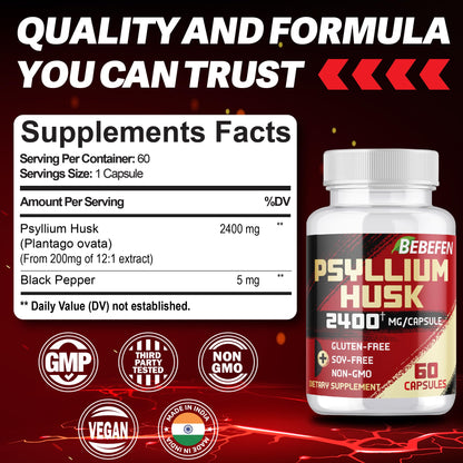 BEBEFEN Psyllium Husk Capsules 2400mg with Black Pepper – 2 Month Supply