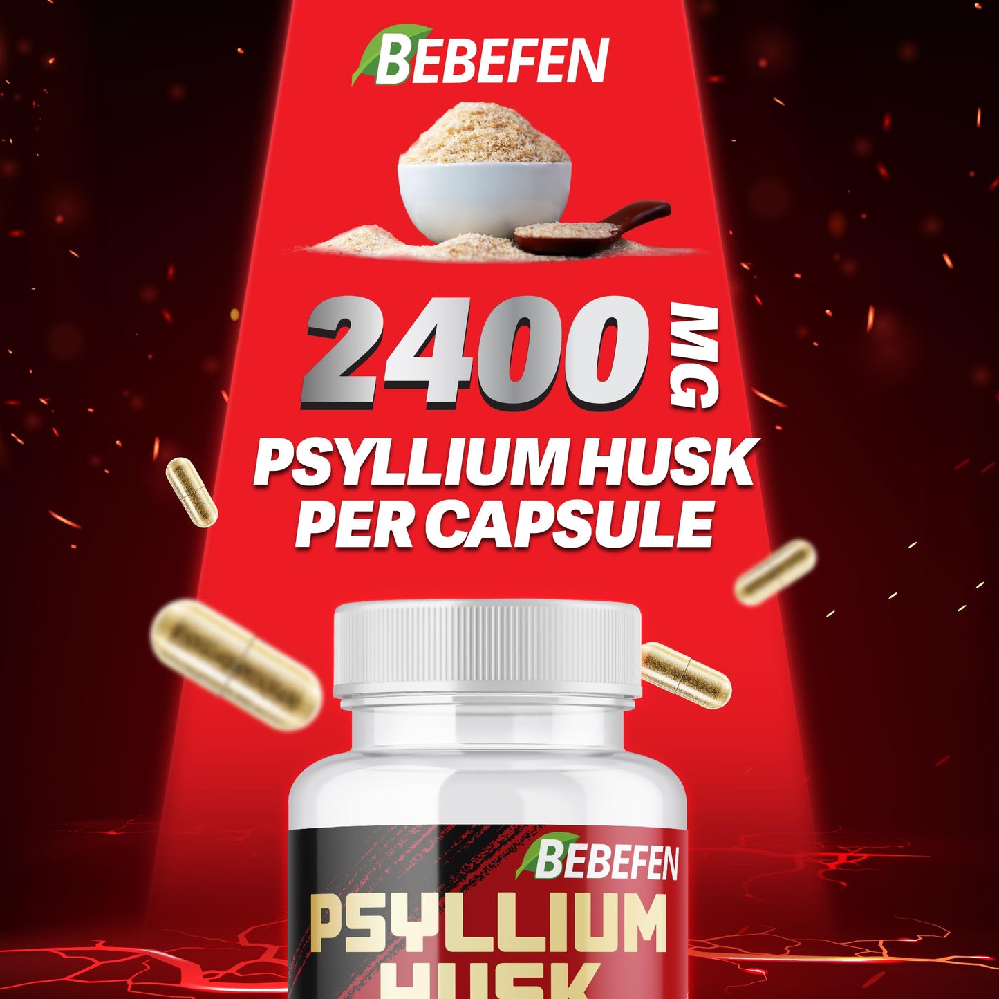 BEBEFEN Psyllium Husk Capsules 2400mg with Black Pepper – 2 Month Supply