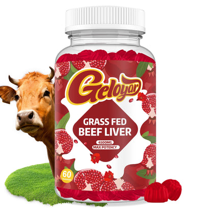 Beef Liver Gummies - Grass-Fed Heme Iron, Folate, Vitamin C | Gluten-Free & Non-GMO | 60 Count