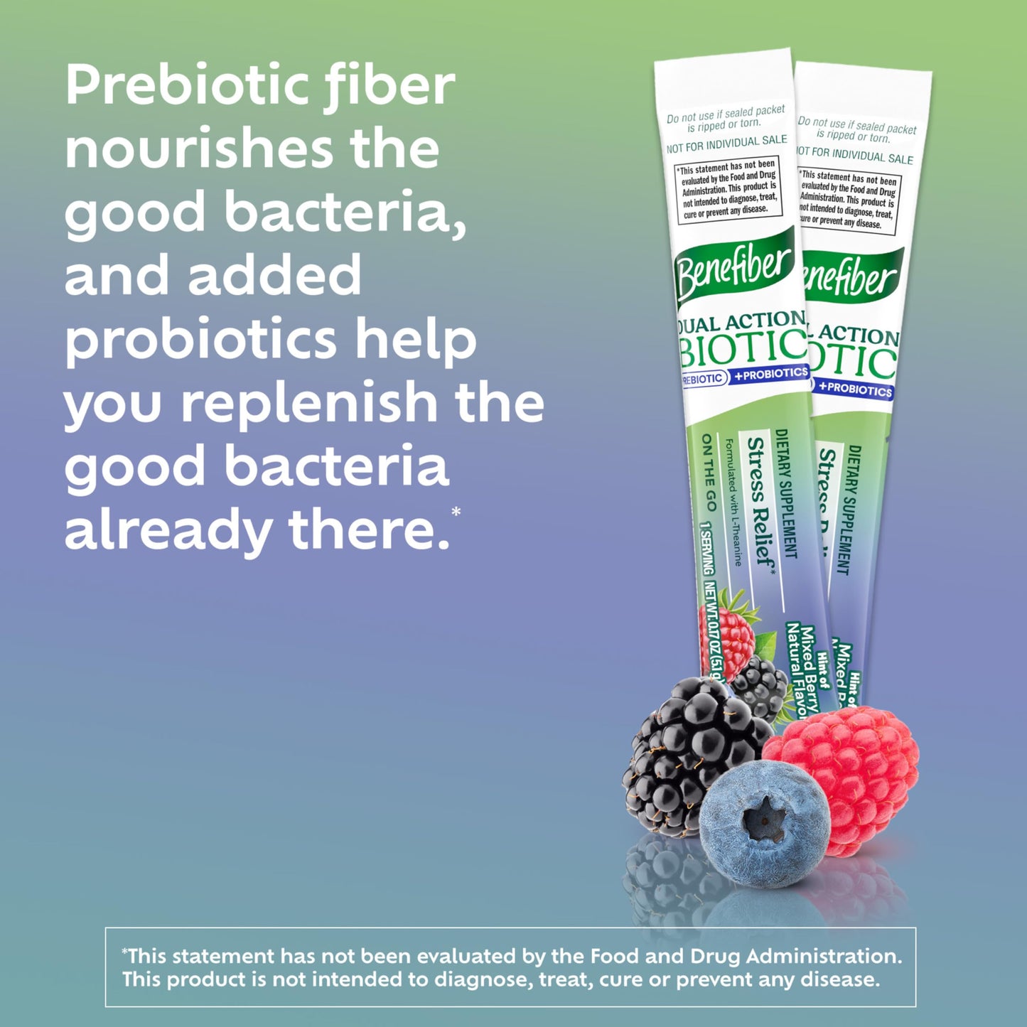 Benefiber Dual Action Biotic Plus Stress Relief – 18 Count Stick Packs | Digestive Health & Calm