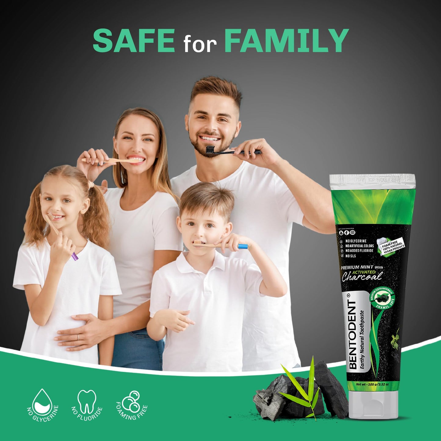 Bentodent Fluoride-Free Charcoal Toothpaste with Bentonite Clay | Natural Vegan Whitening