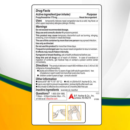 Benzedrex Inhaler Propylhexedrine Nasal Decongestant – 1 Count (Pack of 6)
