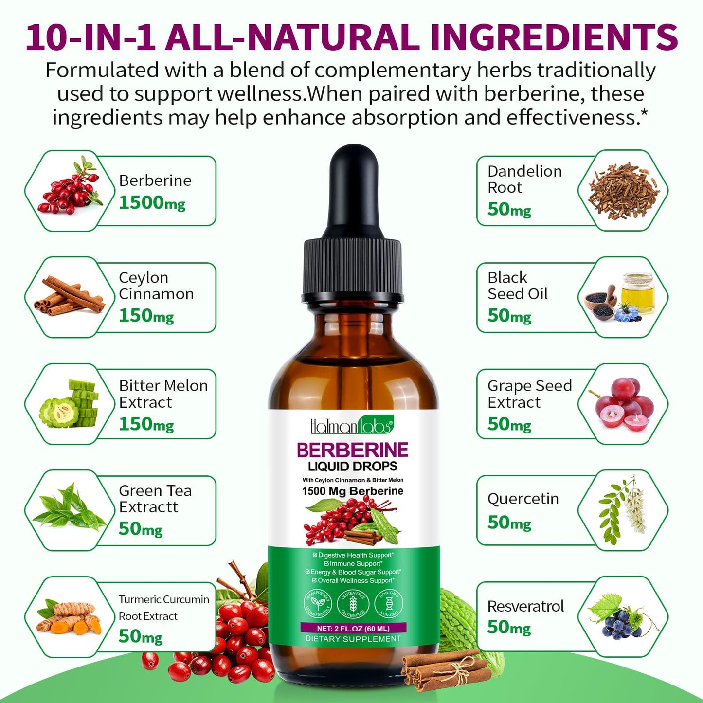 Berberine Supplement High Strength Liquid Drops 60ml – 100% Absorption