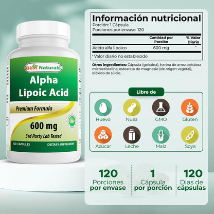 Best Naturals Alpha Lipoic Acid 600 mg | 120 Count - Powerful Antioxidant