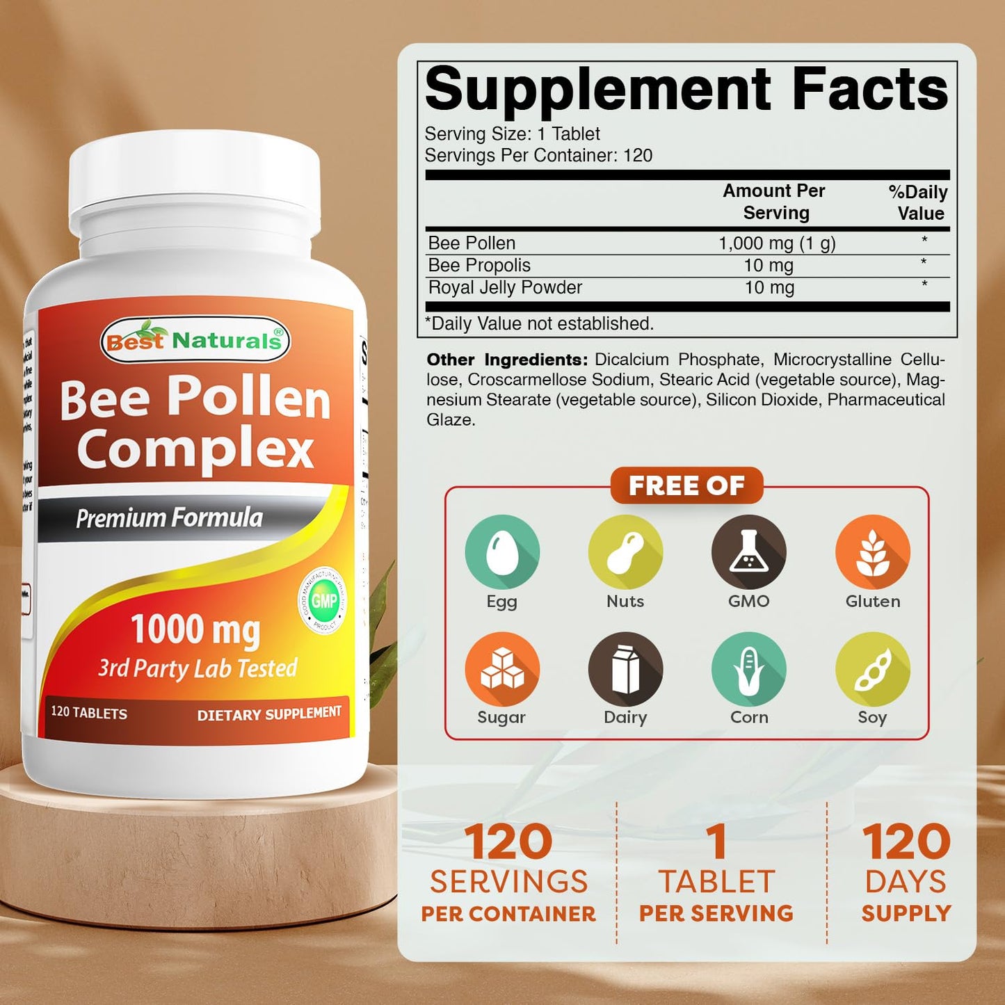 Best Naturals Bee Pollen Complex 1000 mg | 120 Tablets