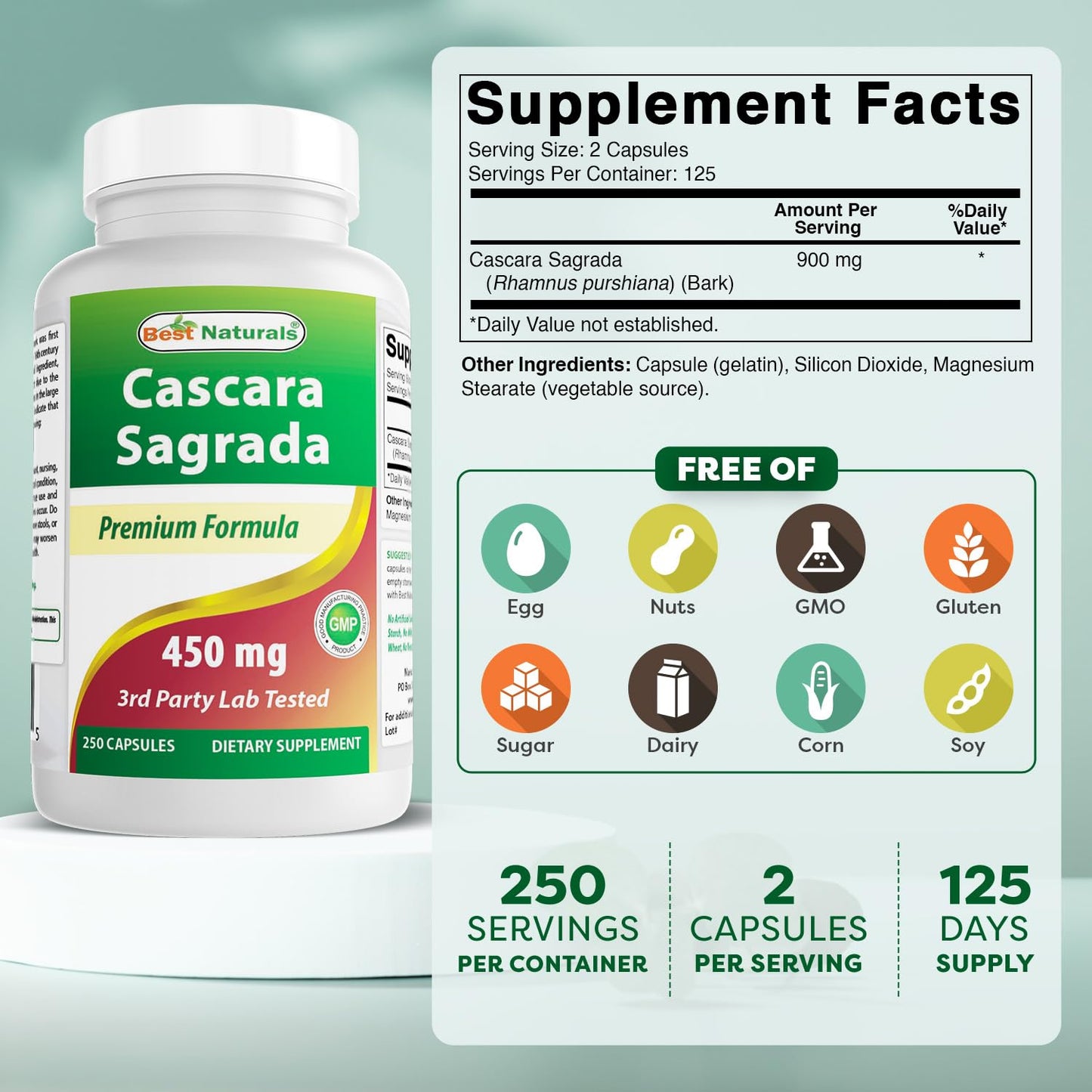 Best Naturals Cascara Sagrada 450 mg | 3 x 250 Capsules | Non-GMO & Gluten-Free