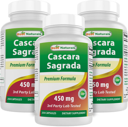 Best Naturals Cascara Sagrada 450 mg | 3 x 250 Capsules | Non-GMO & Gluten-Free