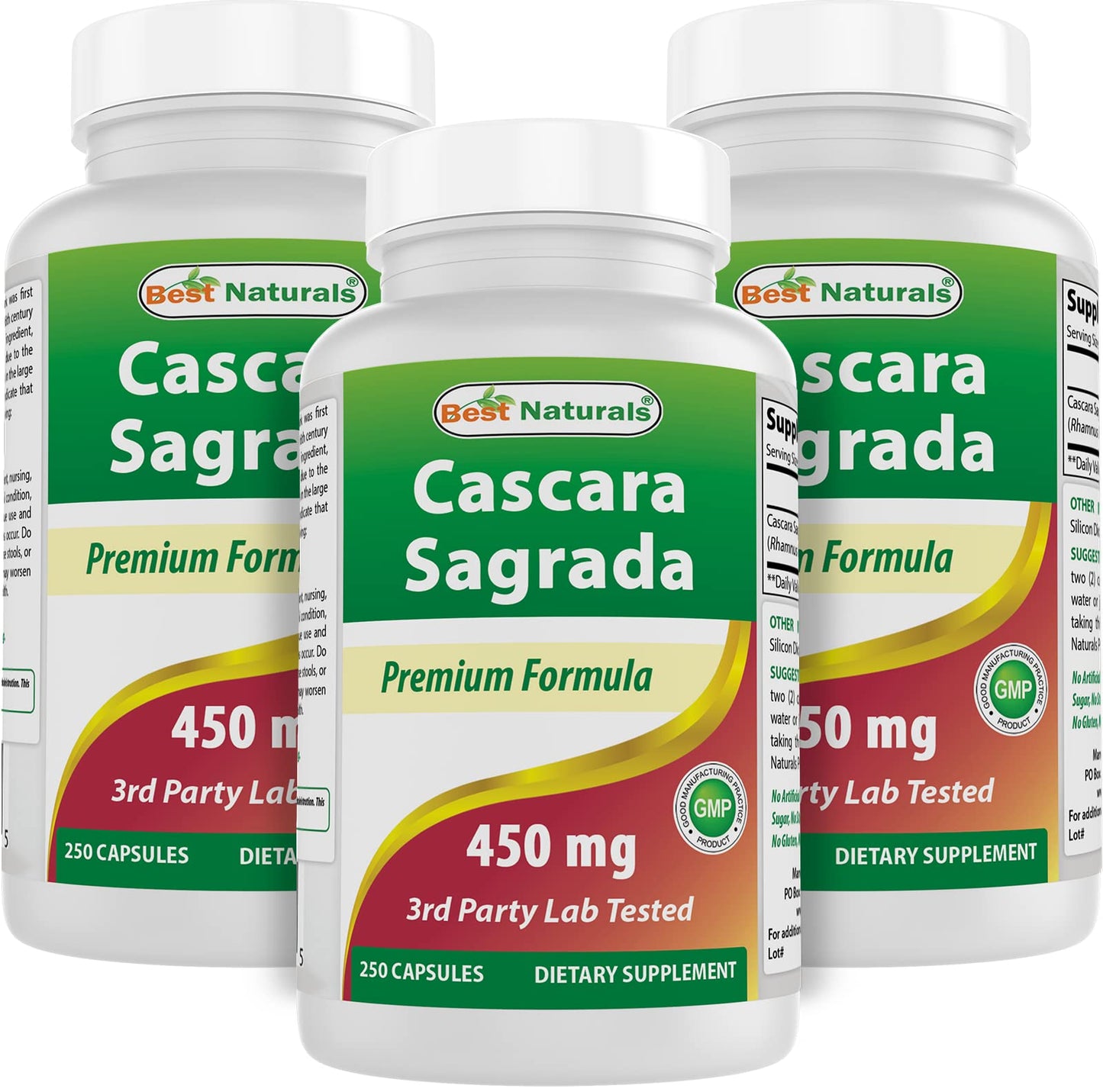 Best Naturals Cascara Sagrada 450 mg | 3 x 250 Capsules | Non-GMO & Gluten-Free