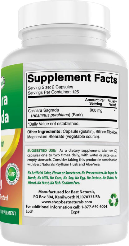 Best Naturals Cascara Sagrada 450 mg | 3 x 250 Capsules | Non-GMO & Gluten-Free