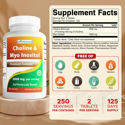 Best Naturals Choline Inositol (Myo-Inositol) 2000 mg per Serving - 250 Tablets | Non-GMO, Gluten Free, Made in USA