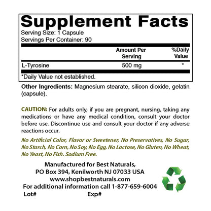 Best Naturals L-Tyrosine 500 mg – 90 Capsules (Pack of 3)