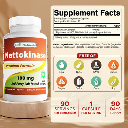 Best Naturals Nattokinase 2000 FU - 100 mg per Vegetarian Capsule | 90 Capsules | Made in USA