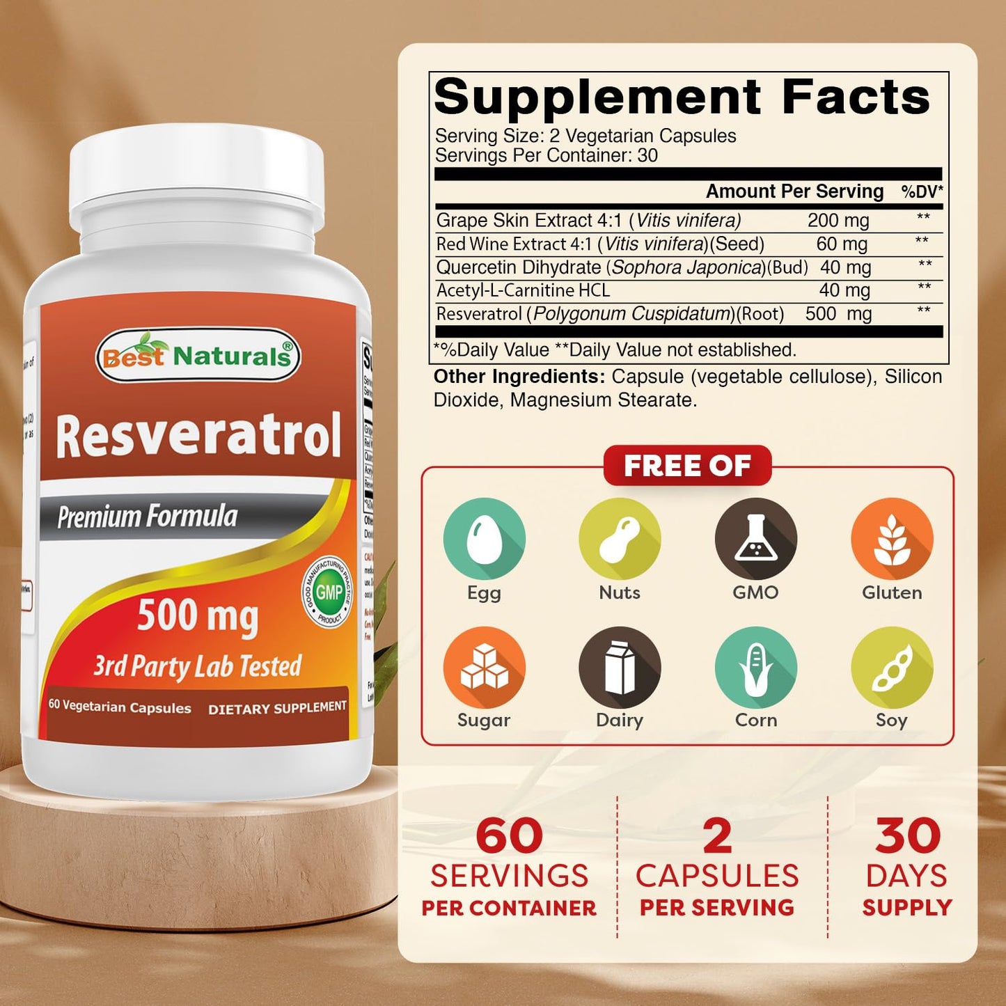 Best Naturals Resveratrol Complex 500 mg – 120 Veg Capsules (Gluten Free, Non-GMO)