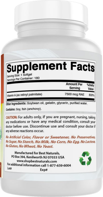 Best Naturals Vitamin A 25000 IU - 180 Softgels, Non-GMO Formula for Vision & Immunity