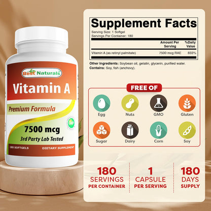 Best Naturals Vitamin A 25000 IU - 180 Softgels, Non-GMO Formula for Vision & Immunity
