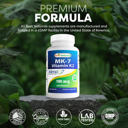 Best Naturals Vitamin K2 MK7 with D3 – 180 Tablets (5,000 IU D3 & 100 mcg K2 MK7) | Non-GMO, USA Made
