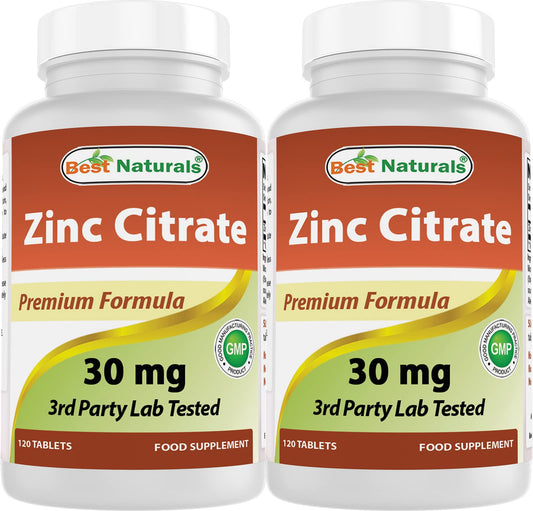 Best Naturals Zinc 30mg (Zinc Citrate) - 120 Tablets Pack of 2 - Immune Support