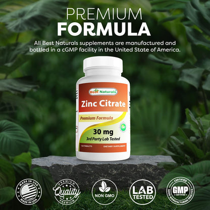 Best Naturals Zinc 30mg (Zinc Citrate) - 120 Tablets Pack of 2 - Immune Support