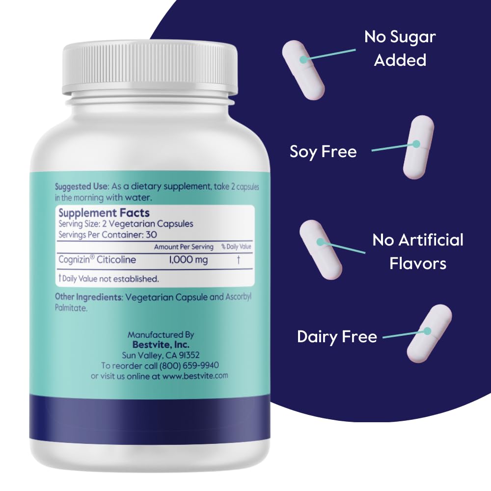 BESTVITE Cognizin Citicoline 500mg – 180 Vegetarian Capsules | Vegan, Gluten Free Brain Nootropic