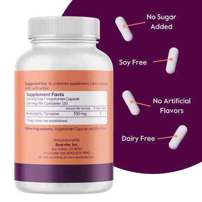 BESTVITE N-Acetyl L-Tyrosine 350mg (NALT) – 120 Capsules – Gluten Free, Non-GMO, No Stearates