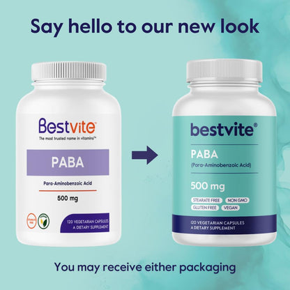 BESTVITE PABA 500mg - 120 Vegetarian Capsules | No Stearates, Vegan, Non-GMO, Gluten Free | Para-Aminobenzoic Acid
