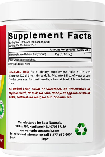 Best Naturals Betaine Anhydrous TMG Pure Powder – 1 lb | Non-GMO & Gluten Free