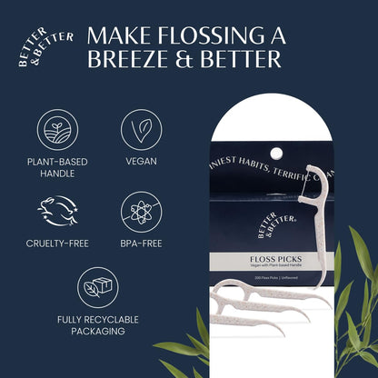 Better & Better Floss Picks (Box of 200) - Vegan, Gluten-Free, BPA-Free | Biodegradable Plant-Based Handles