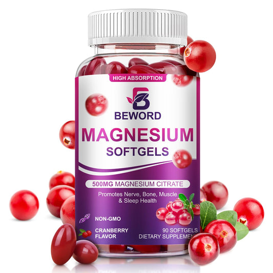 BEWORD Magnesium Citrate Softgels 500mg | 90 Capsules – Calm Sleep & Muscle & Bone Health