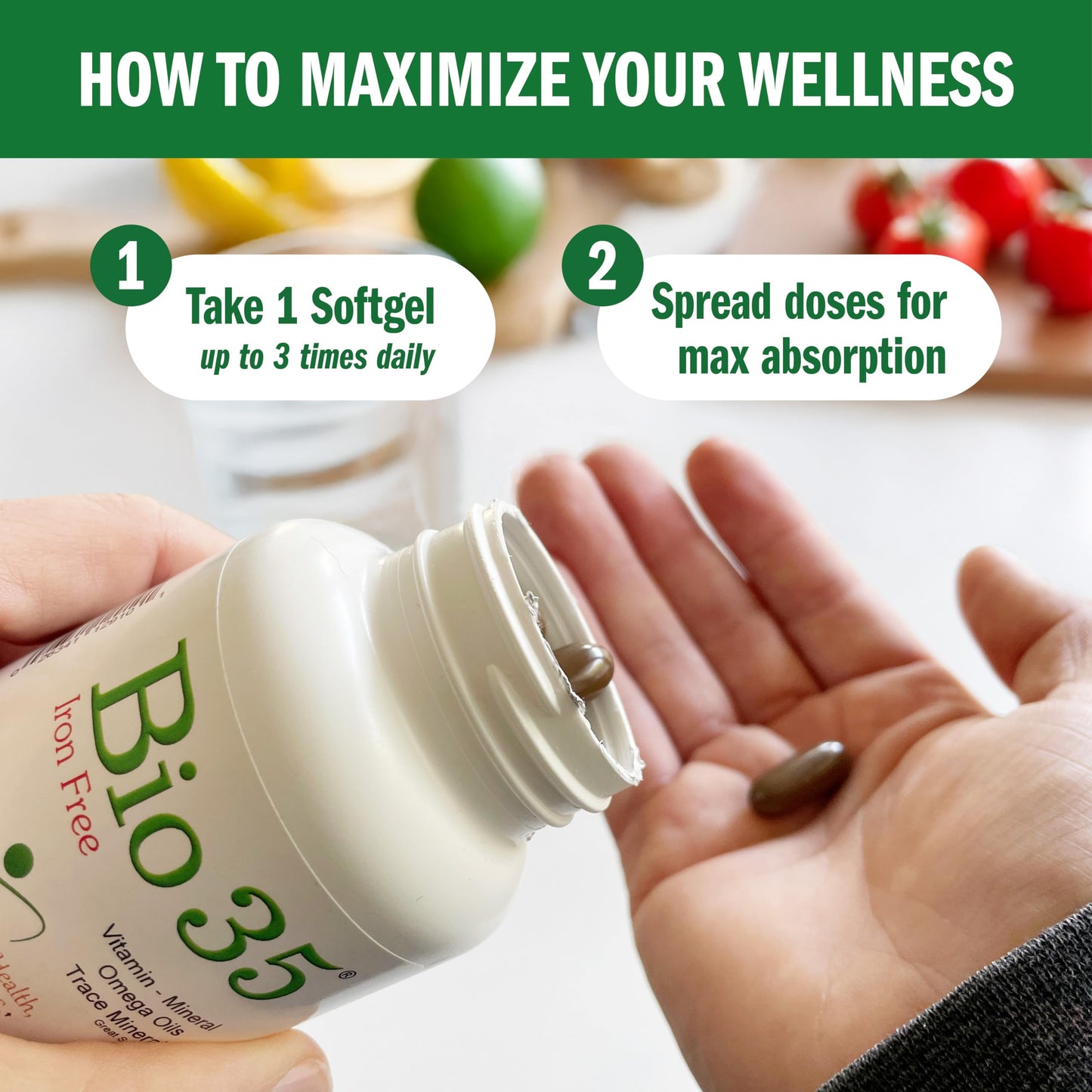 Bio-35 100ct Iron Gluten & Soy-Free | Omega 3-6-9, Minerals & B-Vitamins