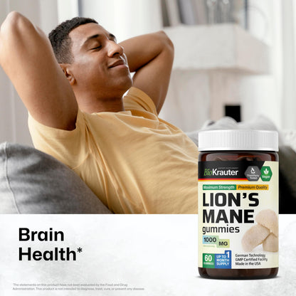 BIO KRAUTER Lions Mane Gummies for Adults - 1000 mg Strength - 60 Vegan Mushroom Supplement Chews - Lions Mane Supplement for Brain - Gelatine-Free