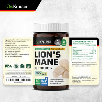 BIO KRAUTER Lions Mane Gummies for Adults - 1000 mg Strength - 60 Vegan Mushroom Supplement Chews - Lions Mane Supplement for Brain - Gelatine-Free