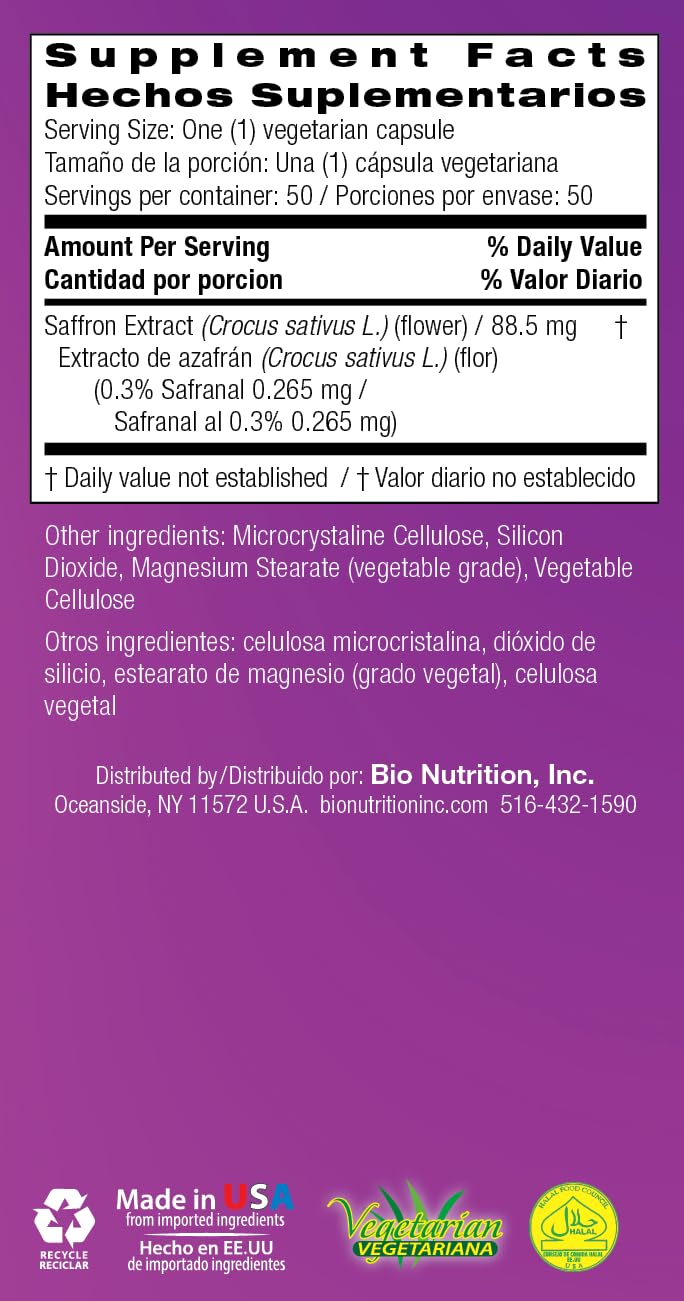 Bio Nutrition Standardized Saffron Vegi-Caps – 50 Count