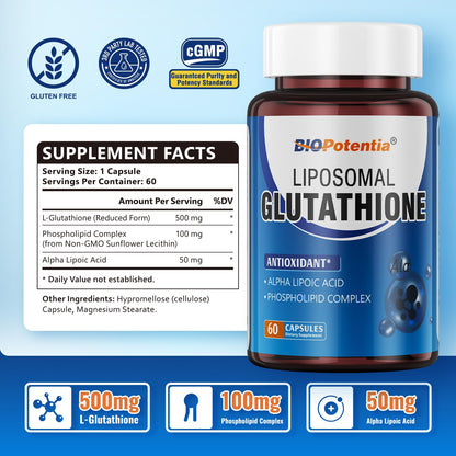 BIO POTENTIA Liposomal Glutathione 500mg + Alpha Lipoic Acid – Antioxidant, Liver & Skin Health (60 Capsules) | Non-GMO & Gluten-Free