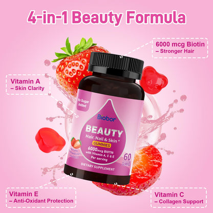 Biobor Beauty Gummies No Sugar Added – Biotin 6000mcg for Hair, Skin & Nails