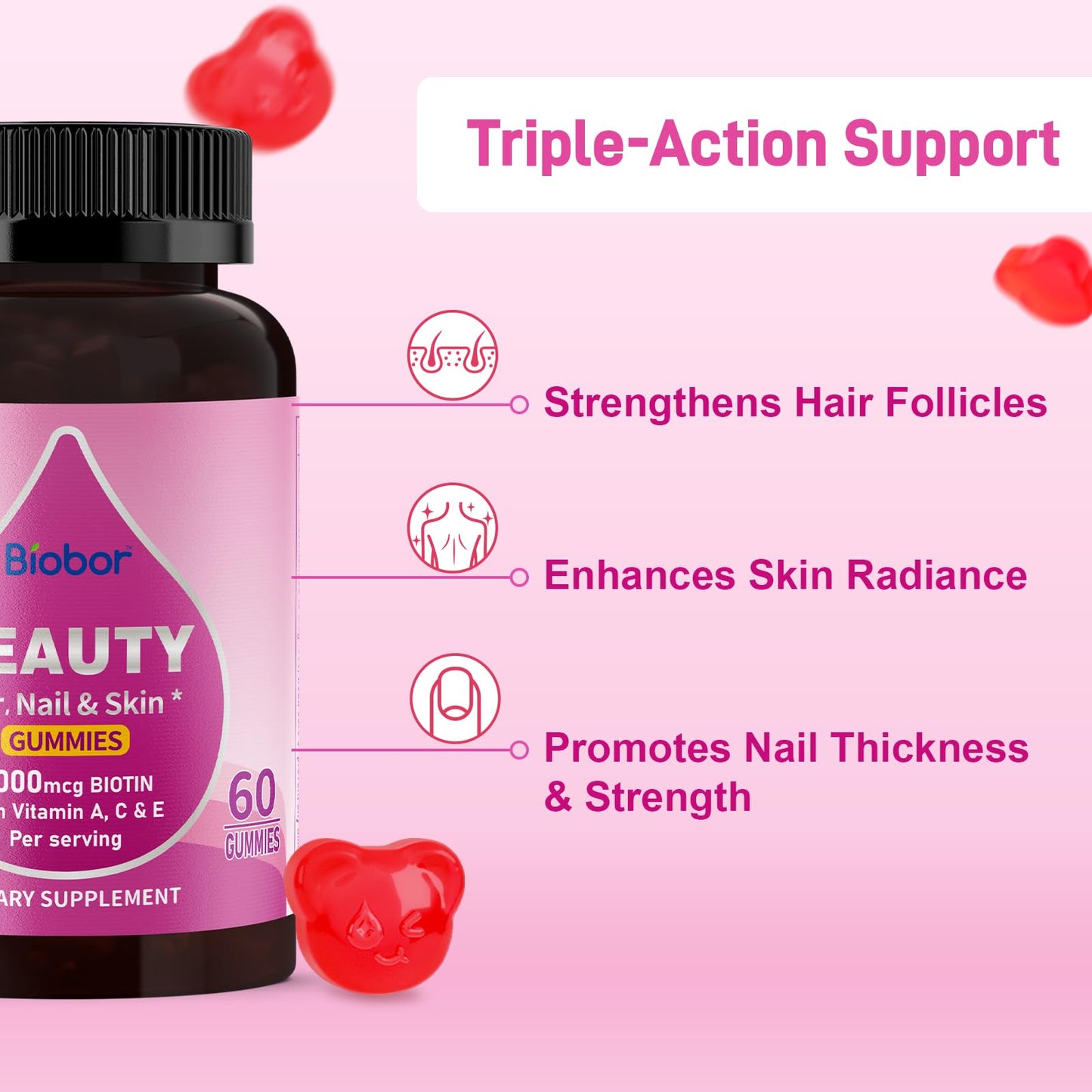 Biobor Beauty Gummies No Sugar Added – Biotin 6000mcg for Hair, Skin & Nails