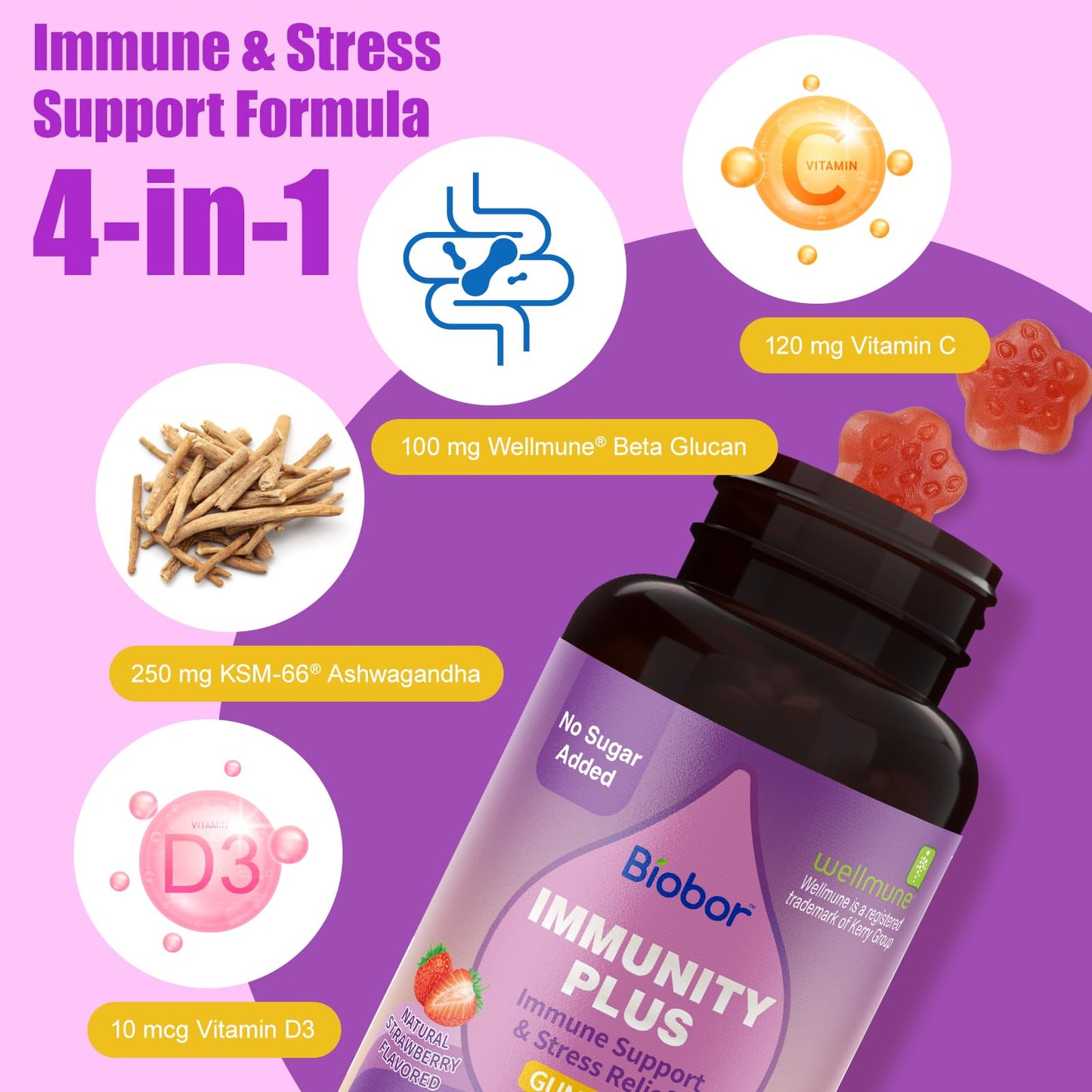 Biobor 4 in 1 Immunity Gummies – Wellmune, KSM-66, Vitamin C & D3 (Strawberry, 60 Count)