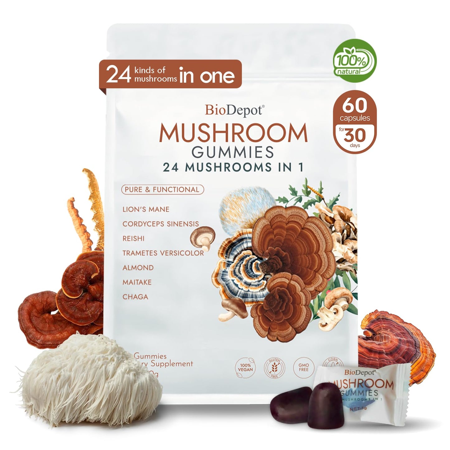 Biodepot 24 in 1 Mushroom Gummies – Focus, Immunity & Energy Support | 60 Gummies