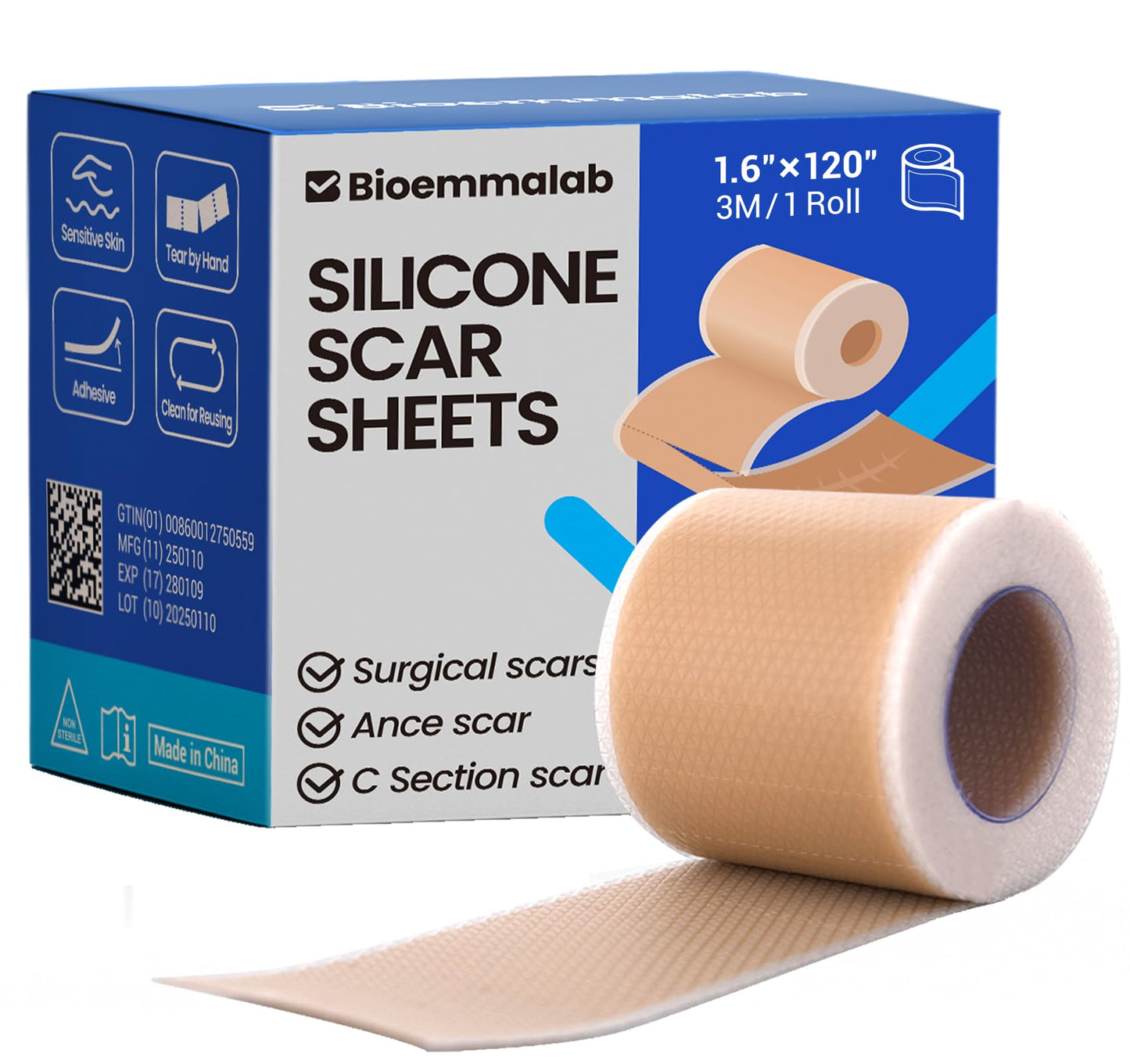 Bioemmalab Silicone Scar Sheets – Surgical Tape (1.6”x120” Roll) for Face & Post-Surgery