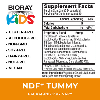 BIORAY Kids NDF Tummy Raspberry – 11-Strain Probiotic, 2 oz, Vegan, Gluten Free