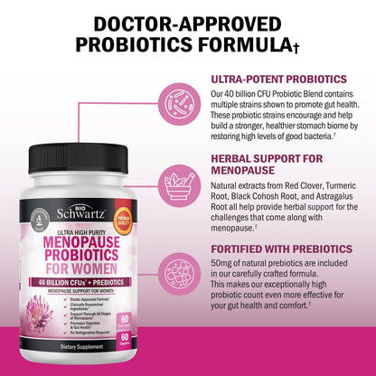 BioSchwartz Menopause Probiotics – 40B CFU, 60 Capsules, Non-GMO | Supports Balance & Comfort